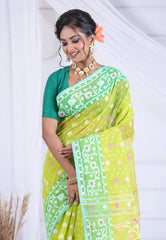 Lemon Green Dhakai Jamdani Cotton Saree without Blouse Piece - Adi Akshoy & Co.