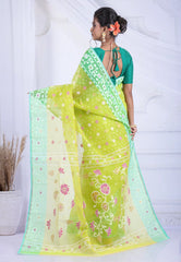 Lemon Green Dhakai Jamdani Cotton Saree without Blouse Piece - Adi Akshoy & Co.