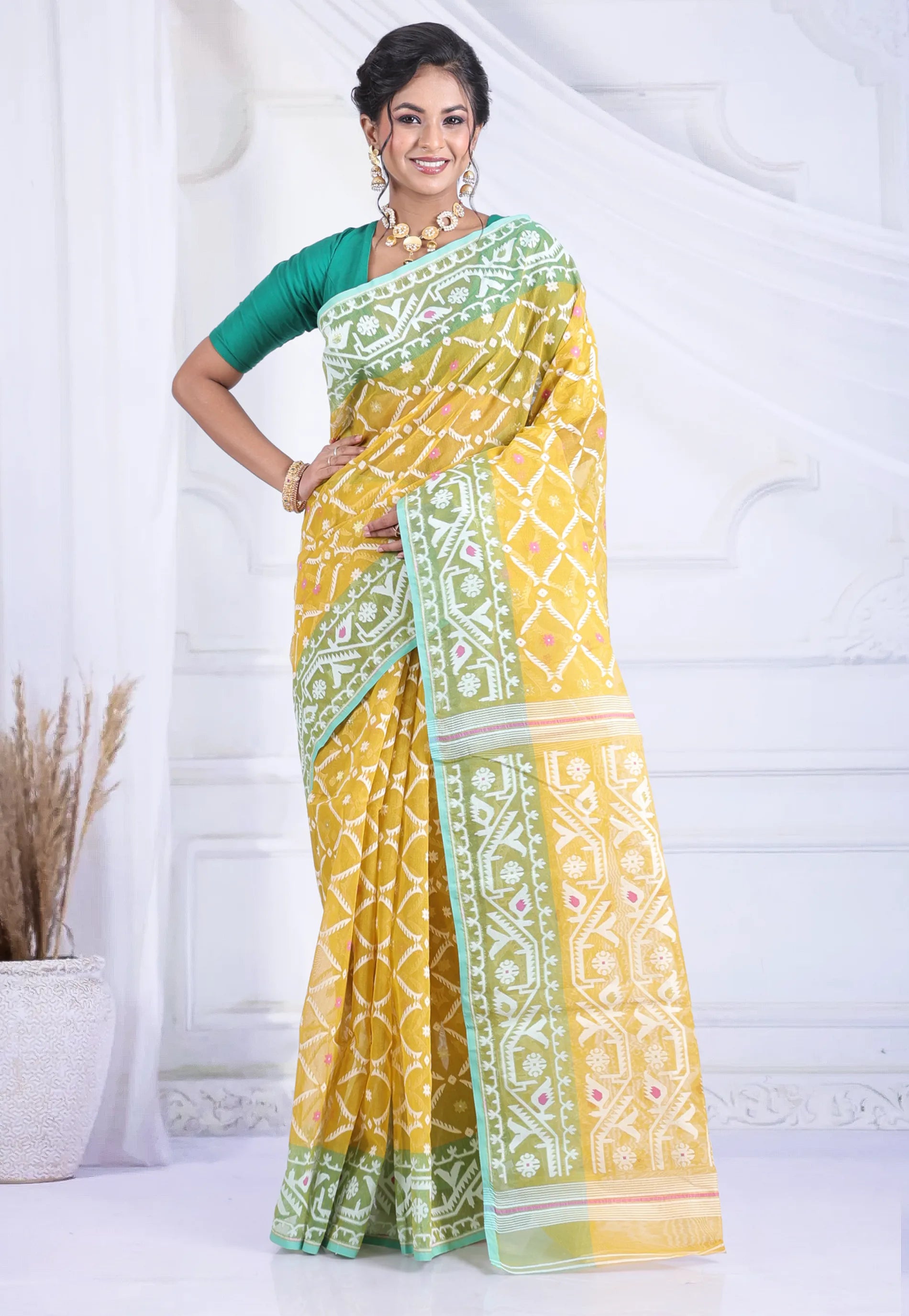 Mustard Yellow Dhakai Jamdani Cotton Saree without Blouse Piece - Adi Akshoy & Co.