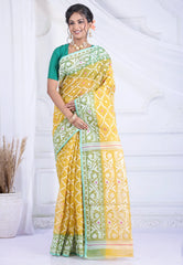 Mustard Yellow Dhakai Jamdani Cotton Saree without Blouse Piece - Adi Akshoy & Co.