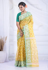 Mustard Yellow Dhakai Jamdani Cotton Saree without Blouse Piece - Adi Akshoy & Co.