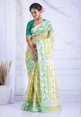 Light Green Dhakai Jamdani Cotton Saree without Blouse Piece - Adi Akshoy & Co.