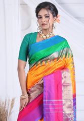 Cross Amber Orange with Ganga-Jamuna Border (Green and Rani Pink) Handloom Pure Ikkat Saree With Blouse Piece - Adi Akshoy & Co.