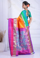 Cross Amber Orange with Ganga-Jamuna Border (Green and Rani Pink) Handloom Pure Ikkat Saree With Blouse Piece - Adi Akshoy & Co.