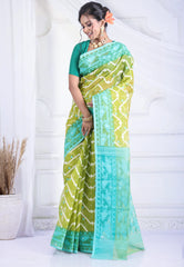 Pista Green Dhakai Jamdani Cotton Saree without Blouse Piece - Adi Akshoy & Co.