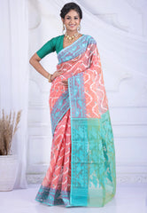 Peach Dhakai Jamdani Cotton Saree without Blouse Piece - Adi Akshoy & Co.