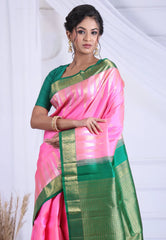 Pink Pure Kanjivaram Silk Saree with Blouse Piece - Adi Akshoy & Co.