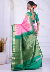 Pink Pure Kanjivaram Silk Saree with Blouse Piece - Adi Akshoy & Co.