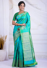 Cross Sea Green Pure Kanjivaram Silk Saree with Blouse Piece - Adi Akshoy & Co.