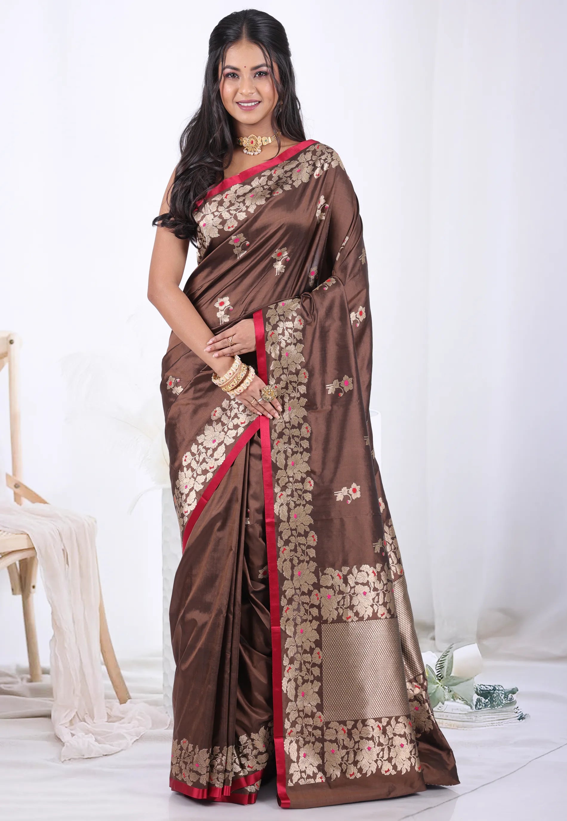 Brown Pure Katan Silk Saree with Blouse Piece  – Adi Akshoy & Co.