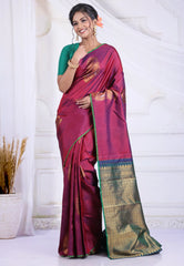 Cross Magenta Pure Kanjivaram Silk Saree with Blouse Piece - Adi Akshoy & Co.