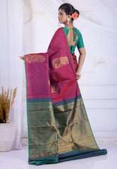 Cross Magenta Pure Kanjivaram Silk Saree with Blouse Piece - Adi Akshoy & Co.