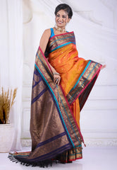 Mustard Yellow Pure Gadwal Silk Saree With Blouse Piece - Adi Akshoy & Co.