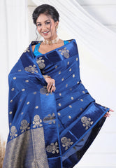 Navy Blue Mashru Silk Saree with Blouse Piece - Adi Akshoy & Co.