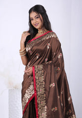 Brown Pure Katan Silk Saree with Blouse Piece  – Adi Akshoy & Co.