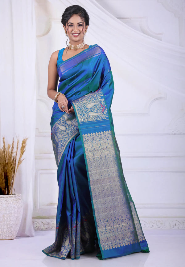 Cross Blue Pure Kanjivaram Silk Saree with Blouse Piece - Adi Akshoy & Co.