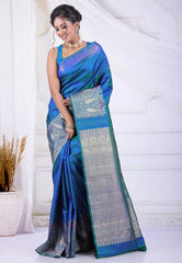 Cross Blue Pure Kanjivaram Silk Saree with Blouse Piece - Adi Akshoy & Co.