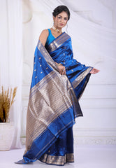 Cross Blue Pure Katan Silk Saree with Blouse Piece - Adi Akshoy & Co.