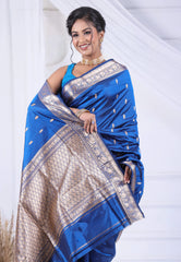 Cross Blue Pure Katan Silk Saree with Blouse Piece - Adi Akshoy & Co.