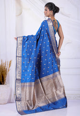 Cross Blue Pure Katan Silk Saree with Blouse Piece - Adi Akshoy & Co.