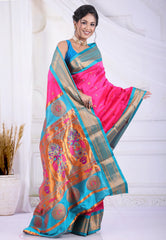 Rani Pink Paithani Silk Saree With Blouse Piece - Adi Akshoy & Co.