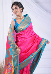 Rani Pink Paithani Silk Saree With Blouse Piece - Adi Akshoy & Co.
