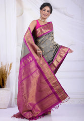 Grey Colour Pure Gadwal Silk Saree With Blouse Piece - Adi Akshoy & Co.