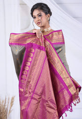 Grey Colour Pure Gadwal Silk Saree With Blouse Piece - Adi Akshoy & Co.