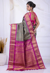 Grey Colour Pure Gadwal Silk Saree With Blouse Piece - Adi Akshoy & Co.