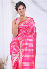 Rani Pink Pure Katan Silk Saree with Blouse Piece - Adi Akshoy & Co.