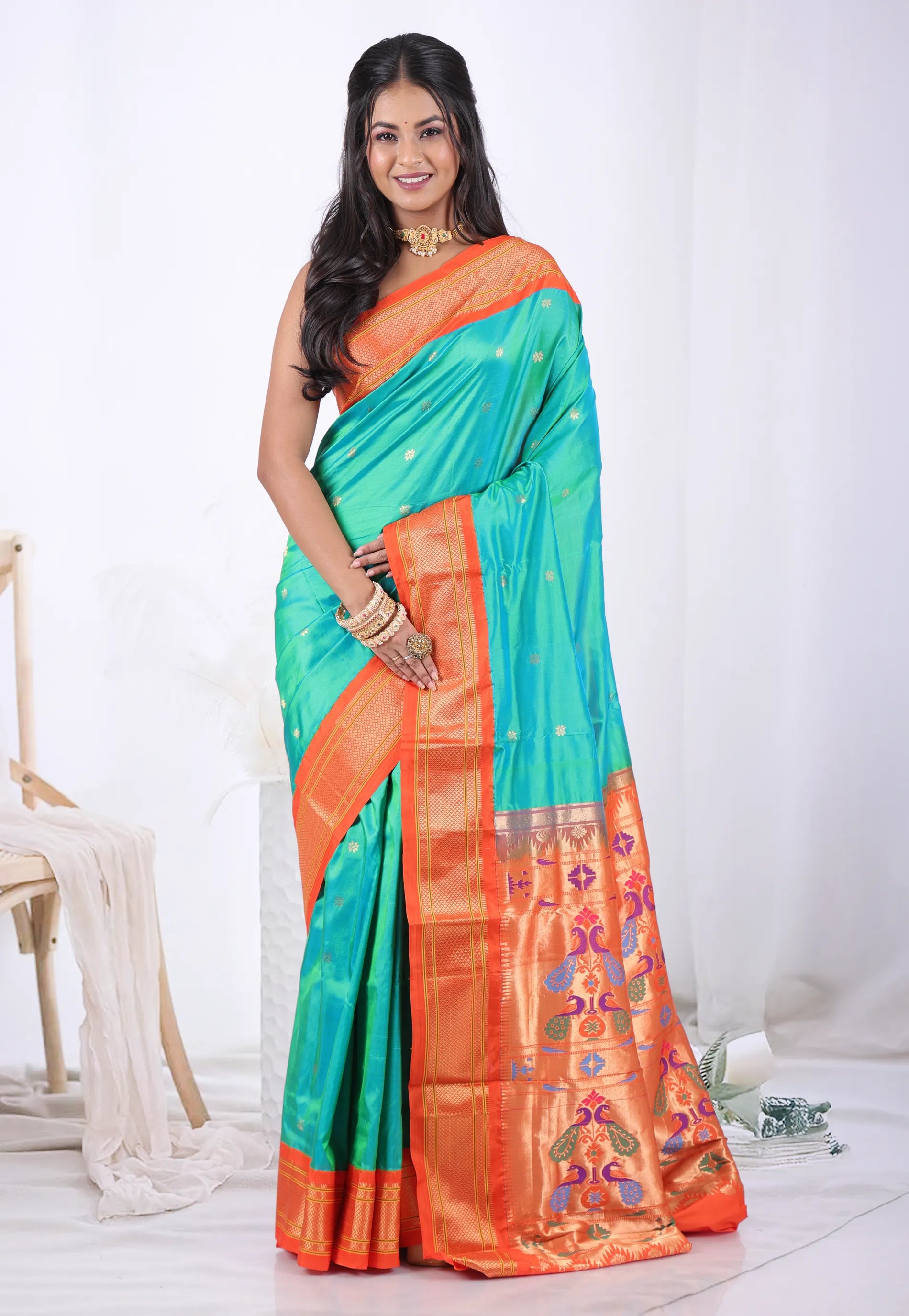 Cross Green Pure Paithani Silk Saree With Blouse Piece  – Adi Akshoy & Co.