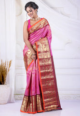 Pink Pure Gadwal Silk Saree With Blouse Piece - Adi Akshoy & Co.