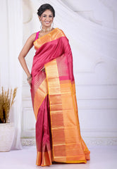 Hot Pink Pure Kanjivaram Silk Saree with Blouse Piece - Adi Akshoy & Co.