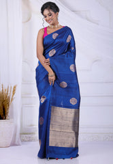 Navy Blue Tussar Silk Saree with Blouse Piece - Adi Akshoy & Co.