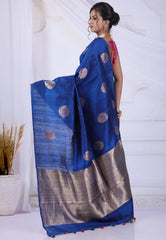 Navy Blue Tussar Silk Saree with Blouse Piece - Adi Akshoy & Co.
