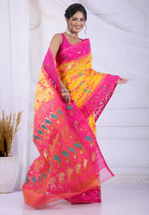 Yellow Dhakai Jamdani Cotton Saree without Blouse Piece - Adi Akshoy & Co.