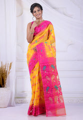 Yellow Dhakai Jamdani Cotton Saree without Blouse Piece - Adi Akshoy & Co.