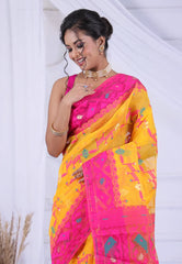 Yellow Dhakai Jamdani Cotton Saree without Blouse Piece - Adi Akshoy & Co.