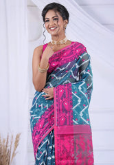 Blue Dhakai Jamdani Cotton Saree without Blouse Piece - Adi Akshoy & Co.