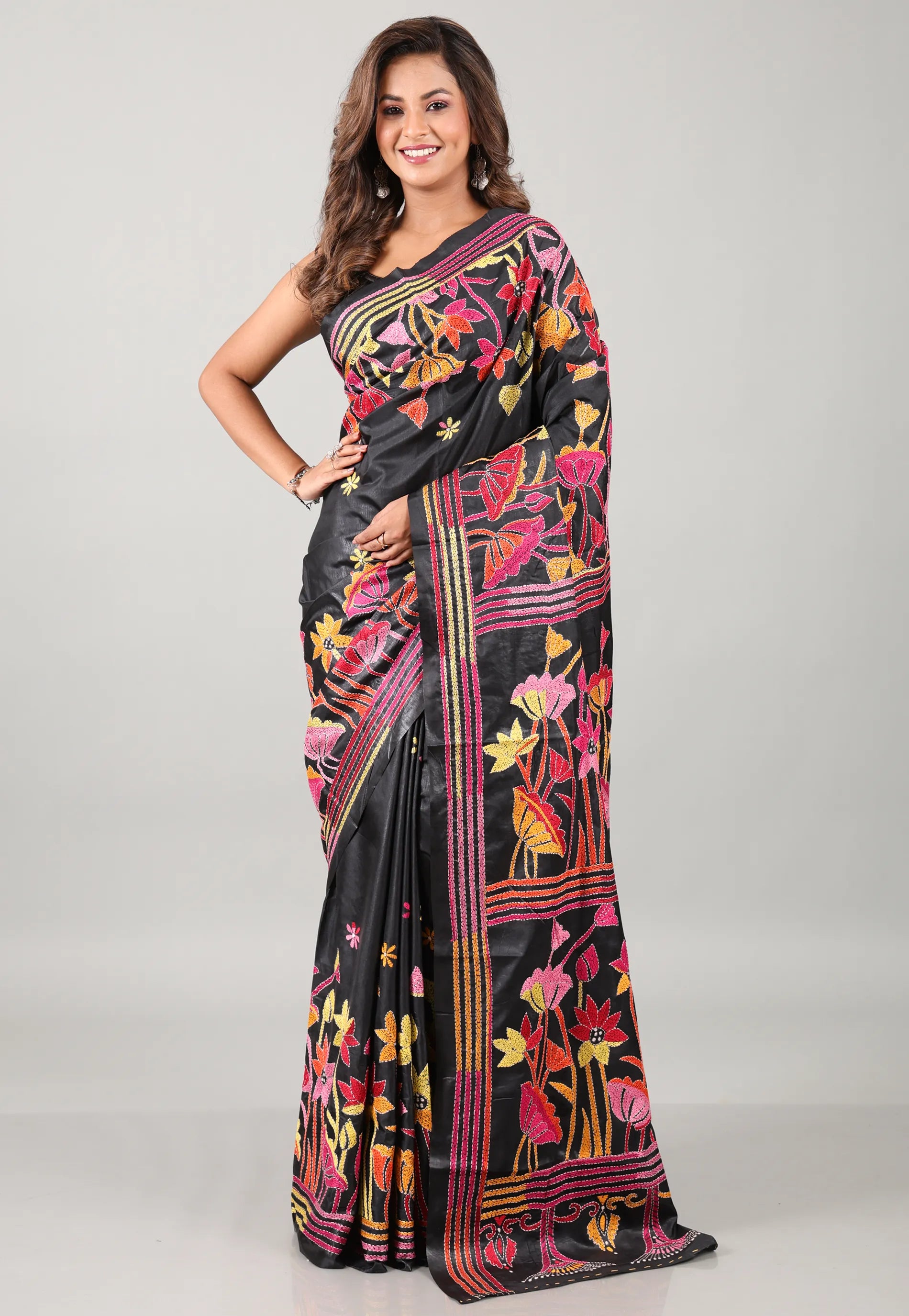 Black Kantha Silk Saree With Blouse Piece - Adi Akshoy & Co.
