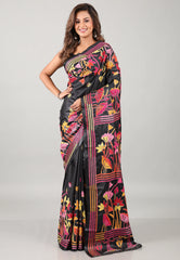 Black Kantha Silk Saree With Blouse Piece - Adi Akshoy & Co.