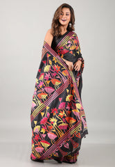 Black Kantha Silk Saree With Blouse Piece - Adi Akshoy & Co.
