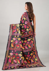 Black Kantha Silk Saree With Blouse Piece - Adi Akshoy & Co.
