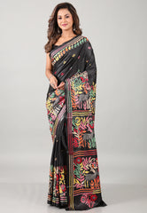 Black Kantha Silk Saree With Blouse Piece - Adi Akshoy & Co.