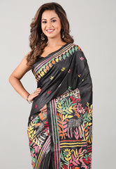 Black Kantha Silk Saree With Blouse Piece - Adi Akshoy & Co.