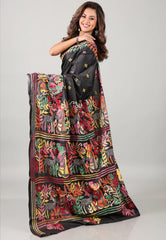 Black Kantha Silk Saree With Blouse Piece - Adi Akshoy & Co.
