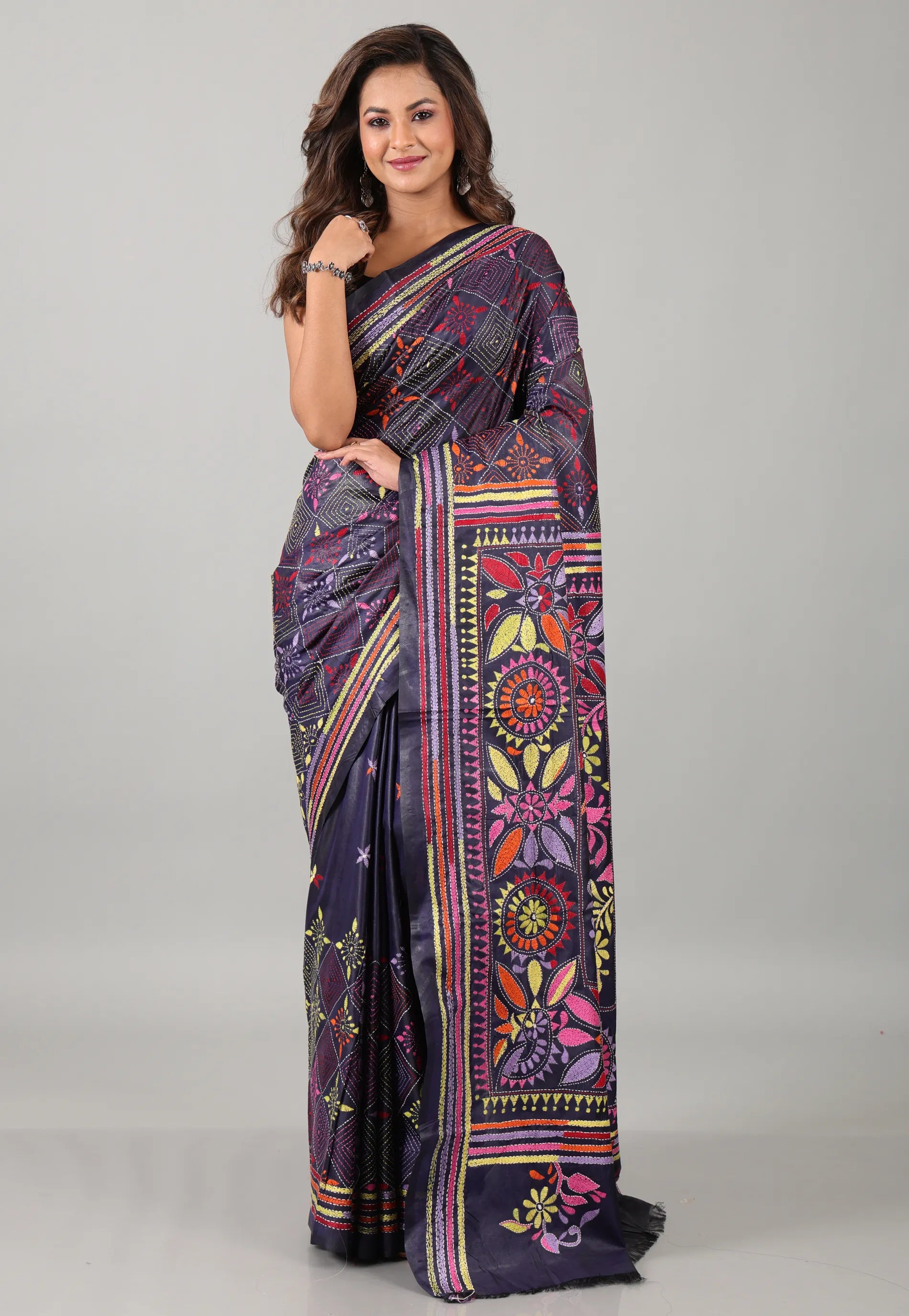 Midnight Blue Kantha Silk Saree With Blouse Piece - Adi Akshoy & Co.
