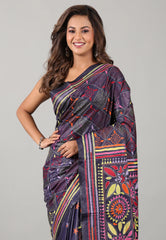 Midnight Blue Kantha Silk Saree With Blouse Piece - Adi Akshoy & Co.