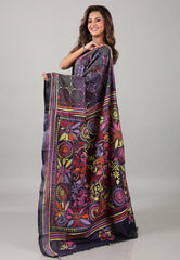 Midnight Blue Kantha Silk Saree With Blouse Piece - Adi Akshoy & Co.