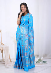 Feroza Blue Pure Baluchari Silk Saree with Blouse Piece  – Adi Akshoy & Co.